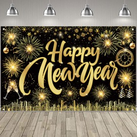 Famoby Happy New Year Fabric Sign Poster Banner Backdrop with Pattern Firework Champagne for Photo Booth Background New Year Party Decorations Supplies
