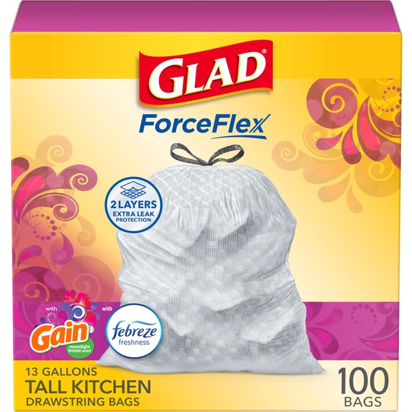 Glad ForceFlex Tall Kitchen Trash Bags, 13 Gal, Gain Moonlight