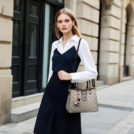 VARLIVOO Handbags Women's Elegant PU Leather Handbag Medium Fashion Maple Leaf Pattern Shoulder Bag with Bow Pendant Shopper Tote Bag for Office Travel Everyday, Brown B, L, handbags