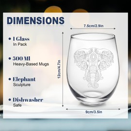 Elephant Wine Glass Stemless Unique Cup 17oz, Glass Elephant Gifts for Women Adults Wine Lover, Clear Etched Wine Glasses for Christmas, Wedding, Festivals, Birthdays Gifts for Women