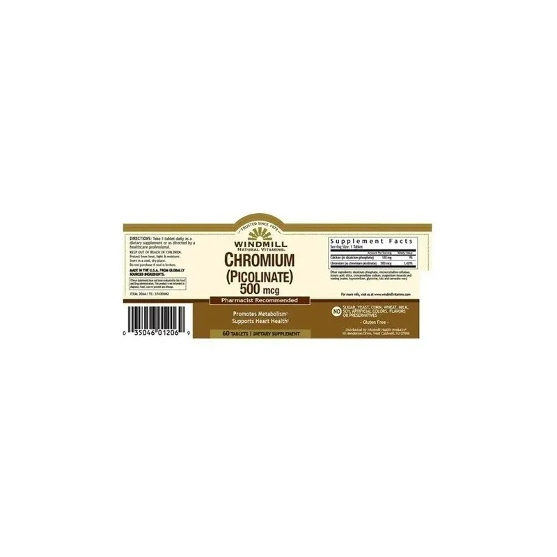 Picolinato Cromo Tabletas Windmill Gluten 500mcg Deportivo Unidades