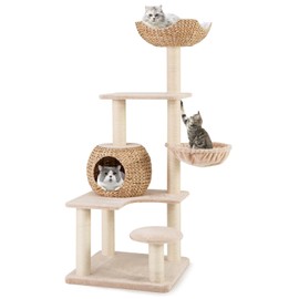 Tangkula Modern Cat Tree, 59 Inch Multi-Level Cat Tower with Sisal Scratching Posts, Cattail Condo, Plush Perch, Soft Hammock, Platforms & Removable Cushion, Aesthetic Cat Tree for Indoor Cats