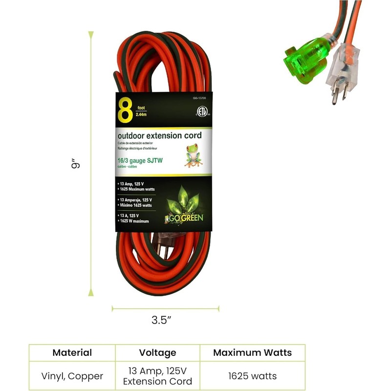 GoGreen Power Inc. (G-13708-2) 16/3 8' Heavy Duty Extension Cord