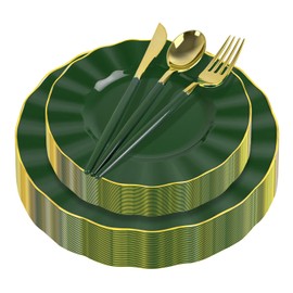 150Pcs Plastic Plates with Gold Rim,Heavy Duty Green Plates for 30 Guests,Plastic Dinnerware Set Include 30 Dinner Plate,30 Dessert Plate,90 Gold Cutlery Set for Party (Green)
