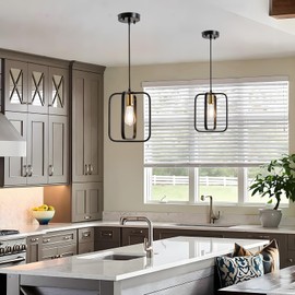 KSRYSZCQ 2 PCS Modern Pendant Lighting for Kitchen Island 1-Light Farmhouse Black and Gold Light Fixtures Hanging Small Square Chandeliers Ceiling for Dining Room Entryway Hallway
