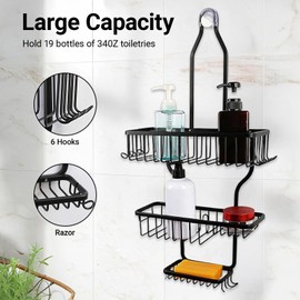 SOONHUA Shower Organizer Hanging, Rustproof Shower Caddy with Soap Basket and 10 Hooks, Large Capacity Anti-Swing Bathroom Organizer for Razor/Sponge