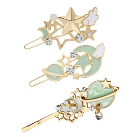 3Pcs Gold Rhinestone Moon Star Hair Clips, Vintage Hollow Hair Pin Set, Metal Crystal Hair Clips Snap Barrettes Comb Claw Clamp for Wedding Bridal Decorative, Elegant Hairpins for Party (Green)