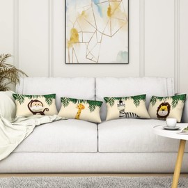 Aoihrraan 12 x 20 Inch Cute Cartoon Animal Cushion Covers Forest Monkey Giraffe Floral Plant Beige Square Linen Baby Decorative Throw Pillow Cover Children's Party Kid Sofa Bed Car, 31x51cm Set of 4