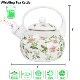 Jucoan 2.3 Quart Vintage Enamel Tea Kettle, Whistling Tea Kettle for Stove Top, Floral Enamel on Steel Teakettle Water Kettle for Home Kitchen, Gift for Wedding Housewarming Mother's Day