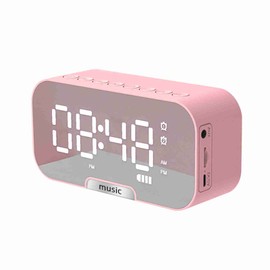 Digital Mirror Surface Alarm Clock with BT Speaker & FM Radio Dual Alarms Electronic Desktop Clock Rechargeable Portable Music Player Support TF Card 3 Levels Brightness Phone Stand for Home Office Travel