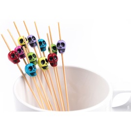 PuTwo Cocktail Picks Handmade Bamboo Toothpicks 100ct 4.7" in Multicolor Skulls