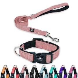 FURRYFECTION Reflective Dog Collar and Leash Set with Quick Release Buckle, Padded with Neoprene Adjustable Nylon Dog Collar for Small Medium and Large Dogs (Large Collar+5FT Leash, Pink)