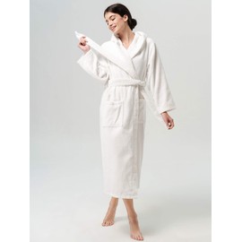SIORO Terry Cloth Robes for Women Hooded Full Length Bathrobe Towel Cotton Fur Night Gown Spa Hotel Shower Bath Cozy Sleepwear, White Medium