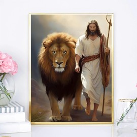 IPISSOI Religious Diamond Art Kit by Numbers Lion Jesus Diamond Painting Kit for Adults, 5D Round Gems Diamond Animal Diamond Painting for Room Decor Wall Decor 12x16 Inch