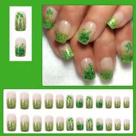 24Pcs St. Patrick's Day Press on Nails Square Short Fake Nails with Green Glitter French Four Leaf Clover Designs Glue on Nails Holiday False Nails Full Cover Acrylic Artificial Nails for Women Girls