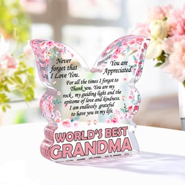 Grandma Gifts from Granddaughter, Christmas Gifts for Grandma, Grandmother Birthday Ideas Gift from Grandson Unique Mother's Day Gifts World's Best Grandma Ever Gifts Butterfly Shaped Acrylic Plaque