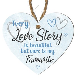 Romantic “Every Love Story is Beautiful but Ours is My Favourite” Pink Heart MDF Plaque – Sweet Gift For Wedding, Anniversary, or Valentine’s Day – Heart-Shaped Wooden Love Decor for Couples (Blue)