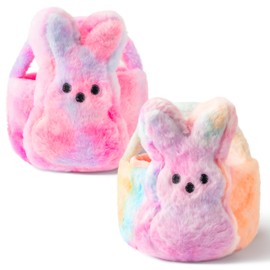 ARefugen 2Pcs Easter Fluffy Bunny Basket - Soft Plush Basket Hunting Egg Candy Reusable Tote Bags for Easter Spring Party Decorations Supplies Baby Shower - 11.8 x 9.8 inch