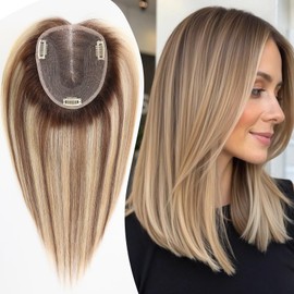 HAIRCUBE Human Hair Toppers For Women 6"*5" Large Base Real Human Hair With Thinning, 14 Inch For Hand-Woven, 61g, Use Daily, Hairloss, Ombre Ash Blonde, No Bangs
