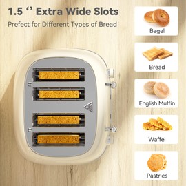 Toaster 4 Slice, Retro Stainless with 6 Bread Shade Settings,1.5''Wide Slots Toaster with Cancel/Defrost/Reheat Functions,Dual Independent Control Panel, Removal Crumb Tray (Cream)