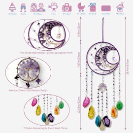 Agate Gem Large Dream Catchers, 7 Chakra Tree of Life Dream Catchers Wall Decor, Natural Agate Slice Crystal Wind Chime for Home Garden Suncatchers Decor, Adults Boys Girls Bless Gifts (Purple Moon)