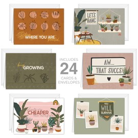 Plant Pun Note Card Pack / 24 All Occasion Succulent Greenery Greeting Cards / 3 1/2" x 4 7/8" Blank Cards With White Envelopes / 6 Unique Plant Lady Inspired Designs