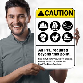 Caution All Ppe Required Beyond This Point Hard Hat Safety Vest, Safety Glasses Sign, 10x7 Inches, 4 Mil Vinyl Decal Stickers Weather Resistant, Made in USA by My Sign Center