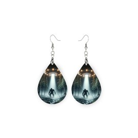 Teardrop Wood Earrings Light Weight Printed Image Dangle Jewelry (Bigfoot and Spaceship)