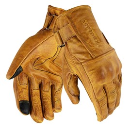 PRO FUTURE Cafe Racer Chopper Custom Wax Leather Motorcycle Gloves with Protectors Yellow Touch (M)