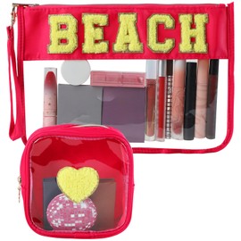 party greeting 2Pcs Beach Gifts Beach Chenille Makeup Bags Portable Travel Cosmetic Bag with Zipper Summer Patch Letter Bag Waterproof Storage Purse Flat Clear Pouch PVC Organizer for Women