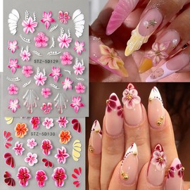 Flower Nail Stickers 5D Embossed Flowers Nail Art Stickers Self Adhesive Summer Pink Petals Design Floral Nail Decals Summer Holiday Style Sticker Decoration Accessories for Women
