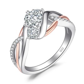 JewelryPalace Infinity Twisted Cubic Zirconia 3 Stones Engagement Rings For Her, Love Knot 925 Sterling Silver 14K Rose Gold Promise Ring For Her, Wave Simulated Diamond CZ Anniversary Ring Size 6.5