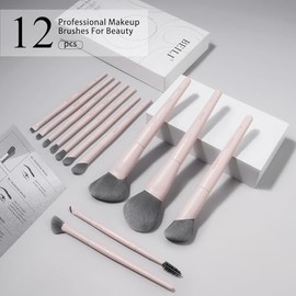BEILI Set De Brochas De Maquillaje Rosa, 12 Brochas Veganas Para Base En Polvo, Corrector, Cejas, Sombras De Ojos, Contorno, Delineador Y Difuminador De Ojos.