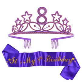 MEANT2TOBE 8th Birthday Sash and Tiara for Girls - Fabulous Glitter Sash + Stars Rhinestone Purple Premium Metal Tiara for Girls, 8th Birthday Gifts for Princess Party