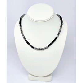 TreasureBay Handmade Mens Tigers Eye Onyx Beaded Necklace Chain Natural Gemstones Healing Crystal Jewellery (Grey Map Stone)