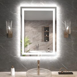 Snowdool 20"X28" LED Bathroom Mirror with Front Lights and Backlit, Anti-Fog, Dimmable, Shatter-Proof Tempered Glass, Lighted Bathroom Vanity Mirror for Wall with 3 Colors, Memory Function