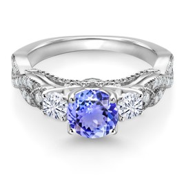 Gem Stone King 925 Sterling Silver Blue Tanzanite and White Moissanite Engagement Ring For Women (1.37 Cttw, Gemstone December Birthstone, Round 6MM and 3MM) (Size 8)