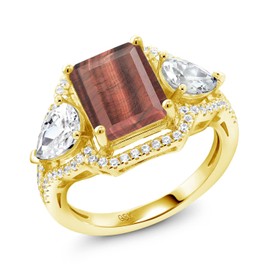 Gem Stone King 18K Yellow Gold Plated Silver Red Tiger Eye Ring For Women (3.79 Cttw, Emerald Cut 10X8MM, Gemstone, Available In Size 5, 6, 7, 8, 9)
