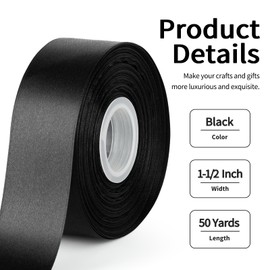 Mauproy 1-1/2 Inch Wide Black Satin Ribbon, 50 Yards Solid Polyester Fabric Ribbon for Roses Making, Gift Wrapping, Christmas Party, Wedding Decorations, Crafts, Bows
