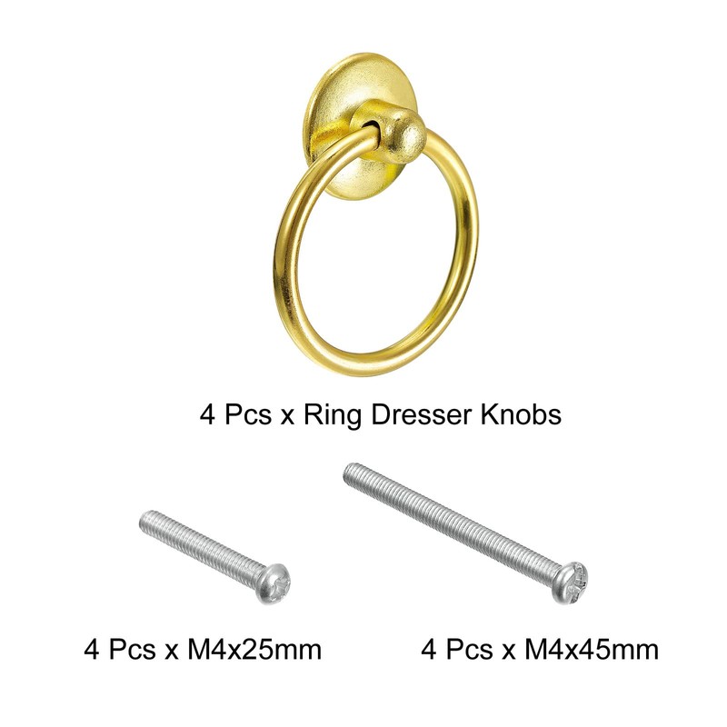 QUARKZMAN Pack of 4 Round Ring Handles Drawers Knobs Gold