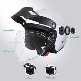 TRIANGLE Open Face Motorcycle Helmet Offroad 3/4 Half Helmets with Brim and Clear Visor for Men Women DOT Approved (White, Large)