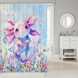 Feelyou Boys Girls Cute Axolotl Shower Curtain Ocean Sealife Bathroom Shower Curtain Set Kids Kawaii Bath Curtain Cartoon Salamander Teens Bathroom Accessories Room Decor 72"x72"