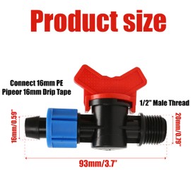 10pcs 16mm Drip Irrigation Lock Valve with 1/2" Male Thread, Shut-Off Connector for 16/20 PE Tubing, Red Handle Inline Control Valve, Garden Watering System Fittings Compatible Y112 Thread Type