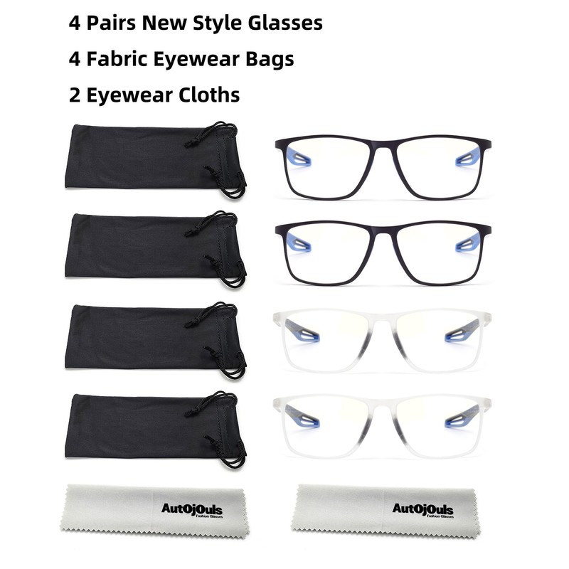 Autojouls 4-Pack Blue Light Blocking Reading Glasses, Men Large Frame