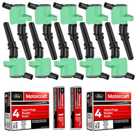 MAS Set of 10 Ignition Coils Pack Green DG508 & Motorcraft Spark Plug SP479 Compatible with Ford E350 E450 Excursion Econoline Super Duty F250 F350 6.8L V10 Replacement for FD503 3W7Z12029AA