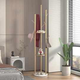 TIEOU Metal Coat Rack, Gold Coat Racks Freestanding with Shelves and Marble Base, Coat Tree with 9 Hooks for Scarves, Bags, Modern Coat Rack Stand for Entryway, Living Room, Bedroom, Easy Assembly