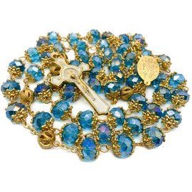Nazareth Store Saint Benedict Blue Crystal Beads 10mm Golden Rosary Flowers Beaded Prayer Necklace Miraculous Heart Locket Medal & Cross Religious Women Men Amulet 21"