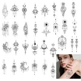 30 Blätter Schwarz Mandala-Temporäre Tattoos | 3D-Wasserdichte Klebetattoos | Für Frauen, Männer & Kinder | Dreamcatcher-Designs, Arm-/Körperkunst
