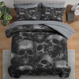 Pamnest Comforter Set Twin Size, Skeleton Retro 5 Pcs Bedding for Adults, Spooky Horror Gothic Bed Sheet Sets with Fitted Sheet Pillowcases & Shams for Bedroom Bed Decor