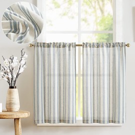 TOPICK Striped Kitchen Curtains for Living Room Bedroom Bathroom Cupboard 36 Inch Drop Linen Blend Short Curtain Tiers Light Filtering Cafe Curtains Rod Pocket Blue on Beige 2 Panels